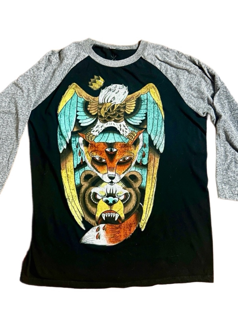 Life Clothing Co. ~ Large ~Black W/ Multi-Colors Eagle, Fox & Bear Faces ~Shirt